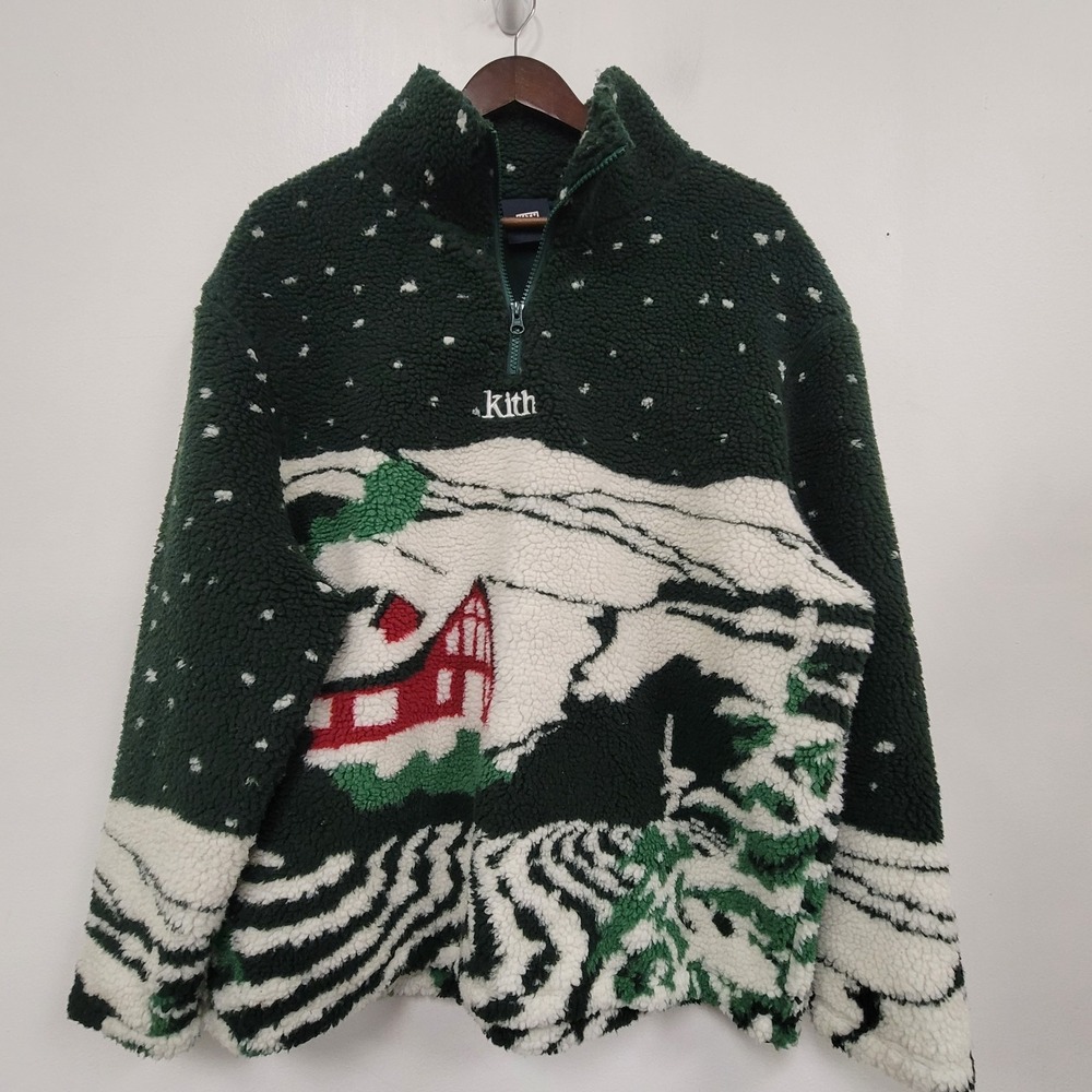 Kith Mens Lakeside Claremont Sherpa 1/4 Zip Sweater Size L‎ Green Winter Cabin